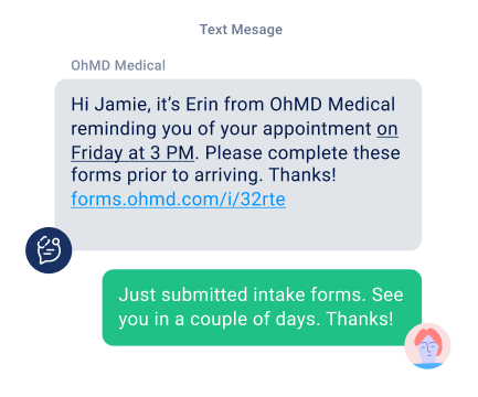 HIPAA compliant texting to patients that includes intake forms