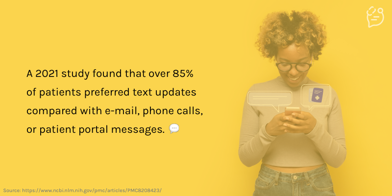 Patient using texting for healthcare communication. A 2021 study found that over 85% of patients preferred text updates compared with email, phone calls, or patient portal messages.