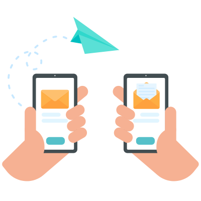 Two hands each holding a phone, an email being sent between them (visualized with a paper airplane), representing a type of software that can be used for patient referral management.