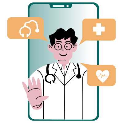 Graphic of provider in mobile device, with graphics indicating comprehensive communication with patients