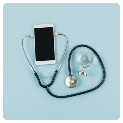 Stethoscope connected to a phone on a blue background, symbolic of how you can communicate about.a patient's health over the phone.