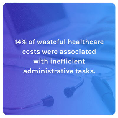 Stethoscope next to laptop with quote overlay stating 14% of wasteful healthcare costs were associated wit inefficient administration tasks