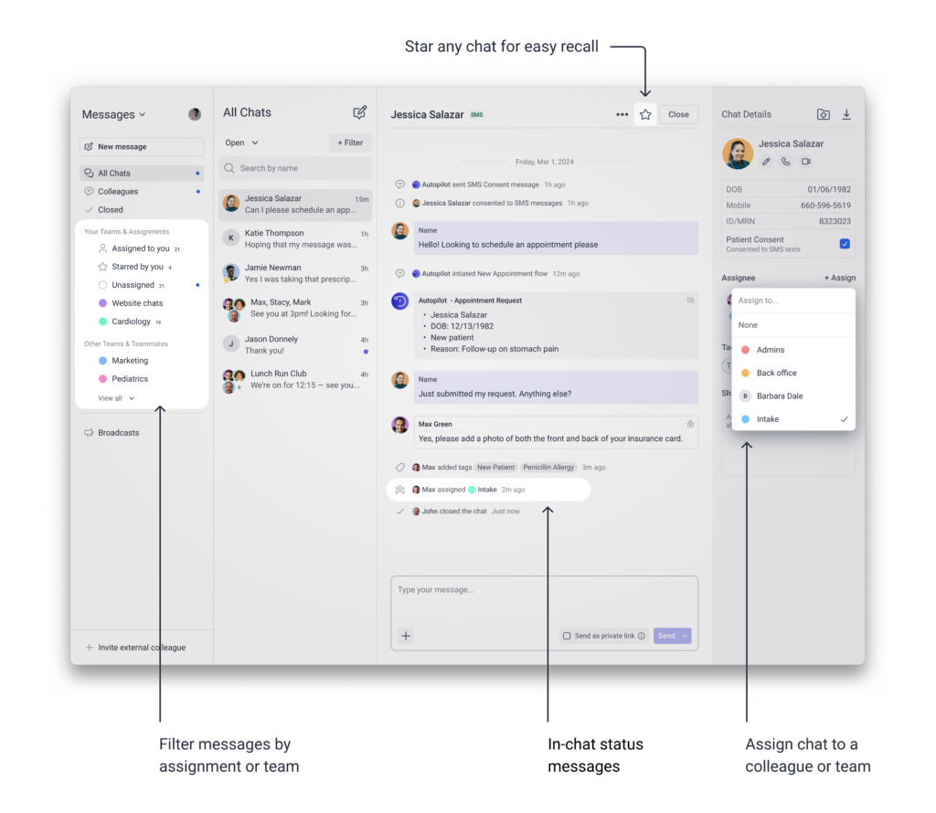 There are many things to be excited about with the new OhMD including Assignments & Teams, visibility into all assigned chats across your organization, in-chat status messages, and the ability to star your most important chats, with much more to come.