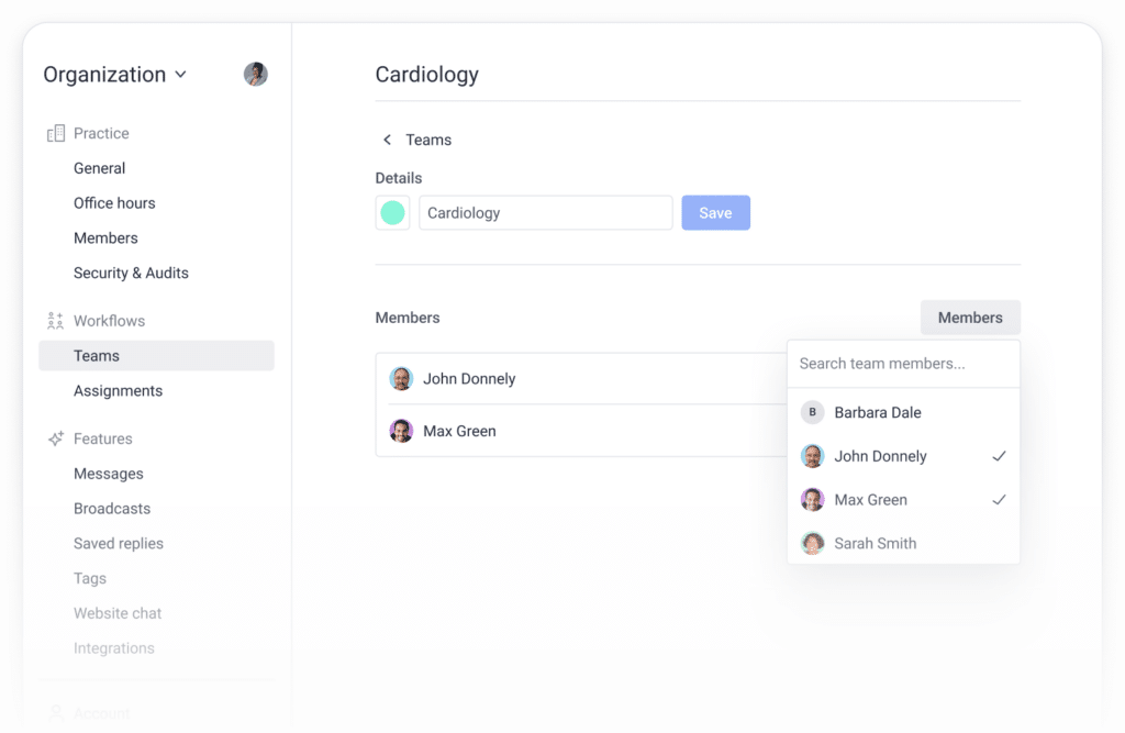 Creating an managing teams with OhMD is very simple with flexibility to name, choose team members, and even color code your teams.